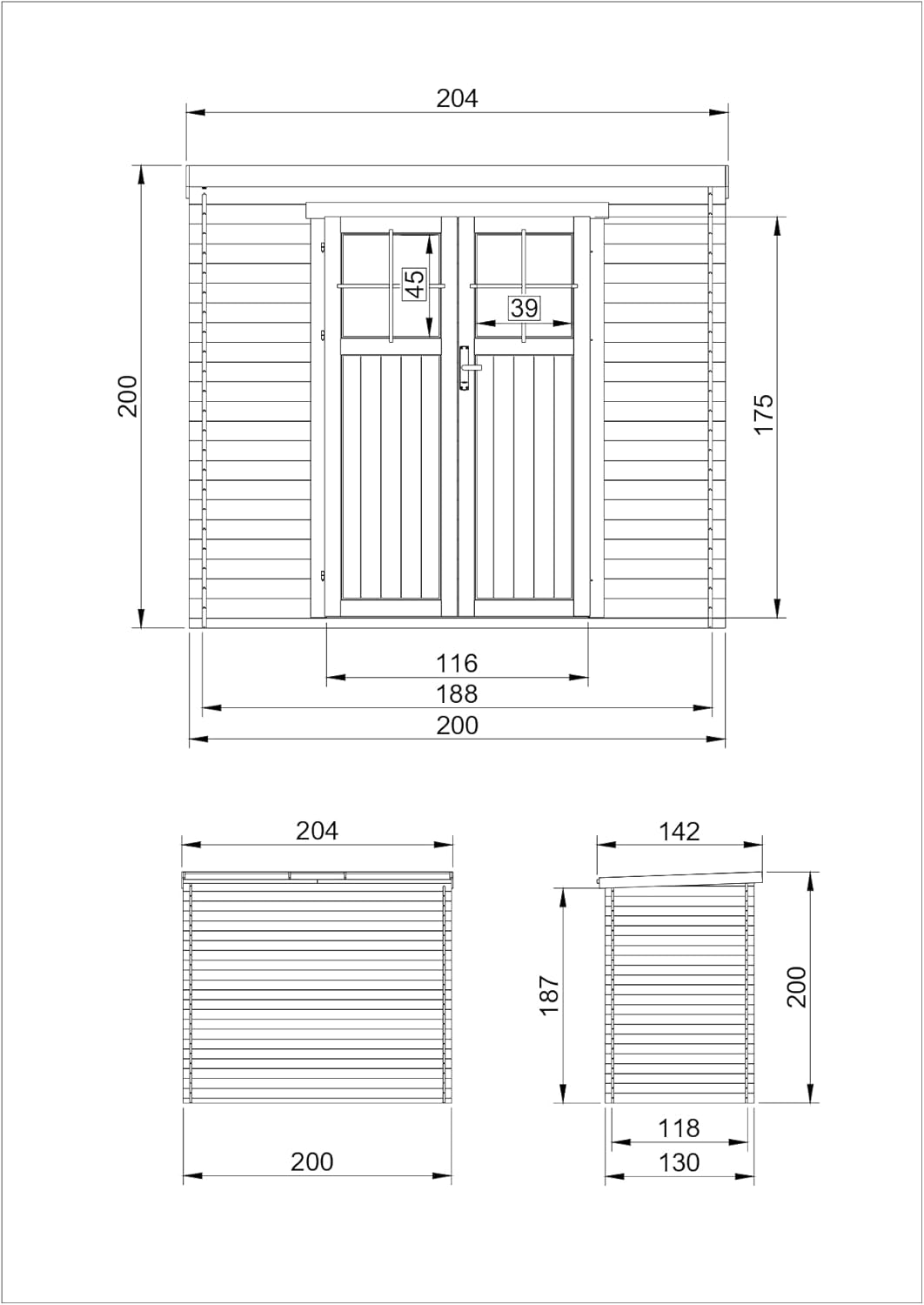 TIMBELA - abri de jardin bois, 204x142x200cm, porte verrouillable, toit étanche, fenêtres, M311F