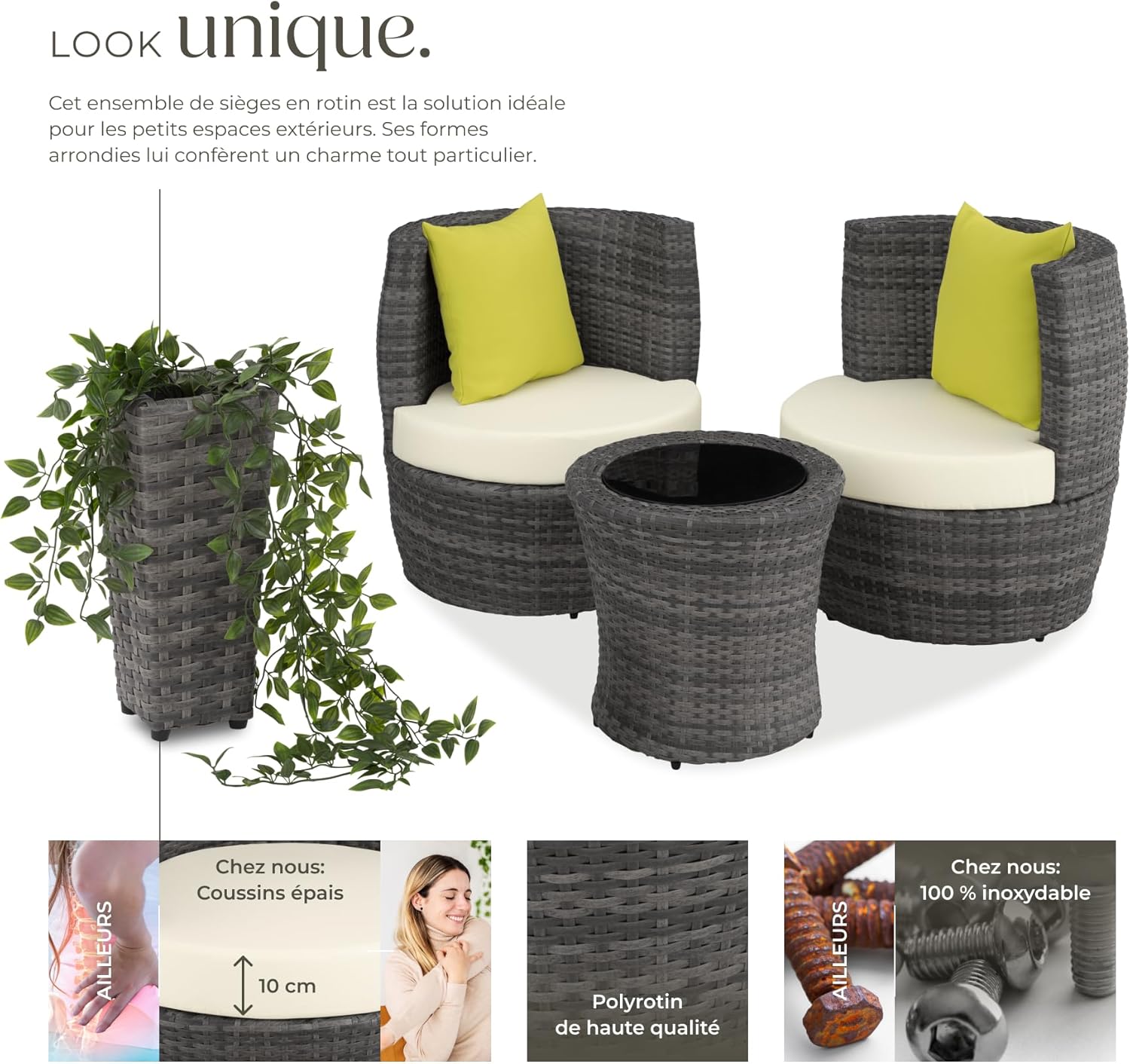 tectake - Salon de jardin encastrable 2 places - Aluminium, polyrotin, coussins et pot de fleur - Idéal balcon terrasse