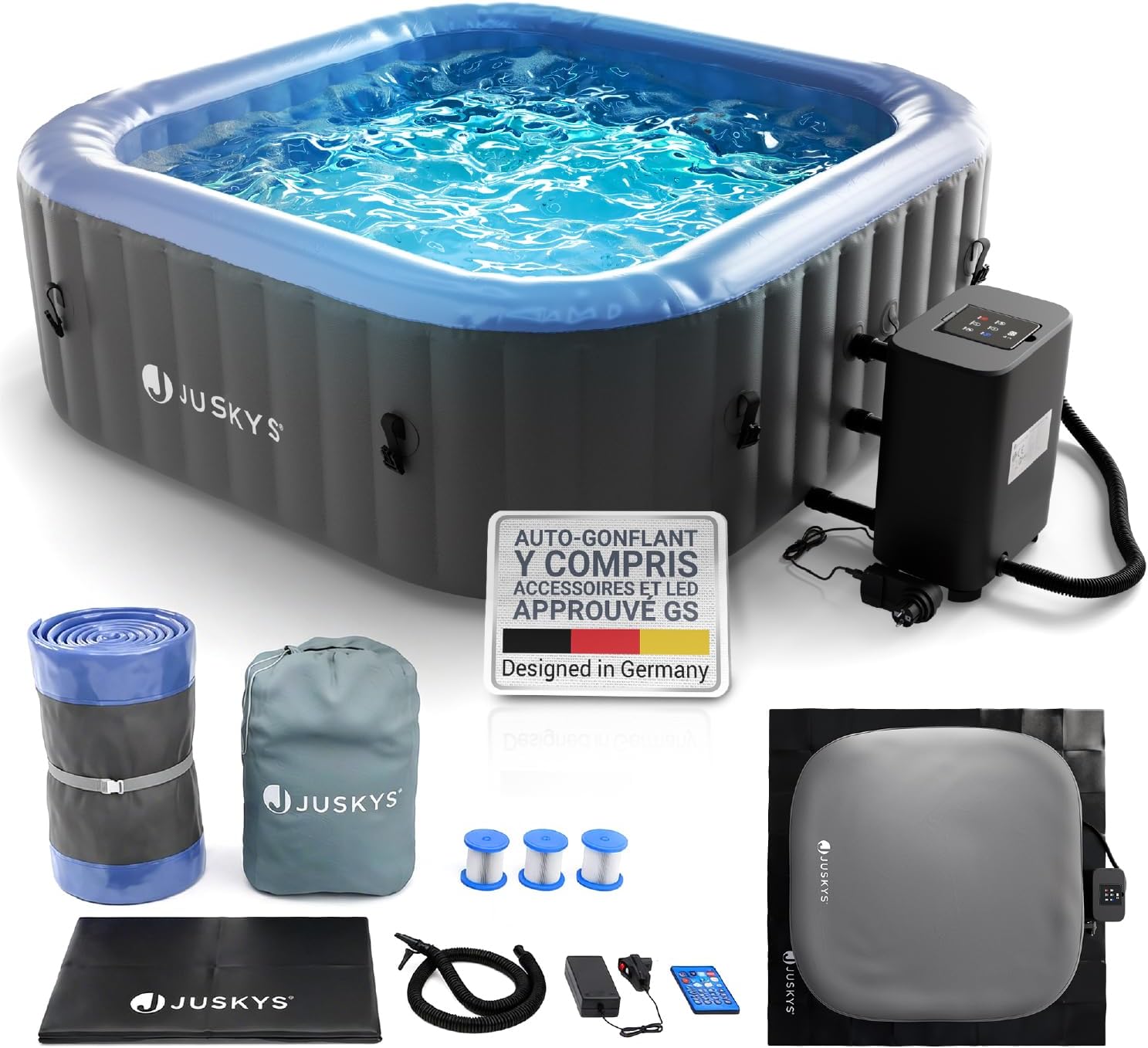 Juskys - SpaLuxe - spa extérieur, 130 buses, LED, 3000 W, Gris/Bleu