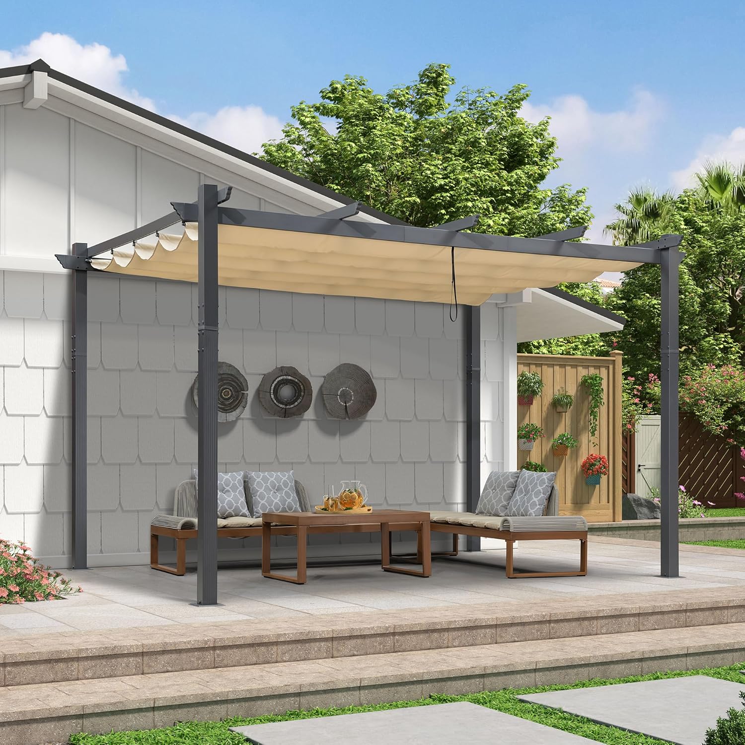 PURPLE LEAF - Pergola murale - 4 x 2,7 m - toit coulissant alu, tissu kaki