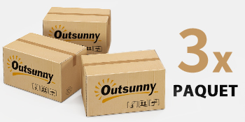 Trois boîtes en carton marron étiquetées « Outsunny » avec un texte indiquant la quantité du colis « 3x PAQUET