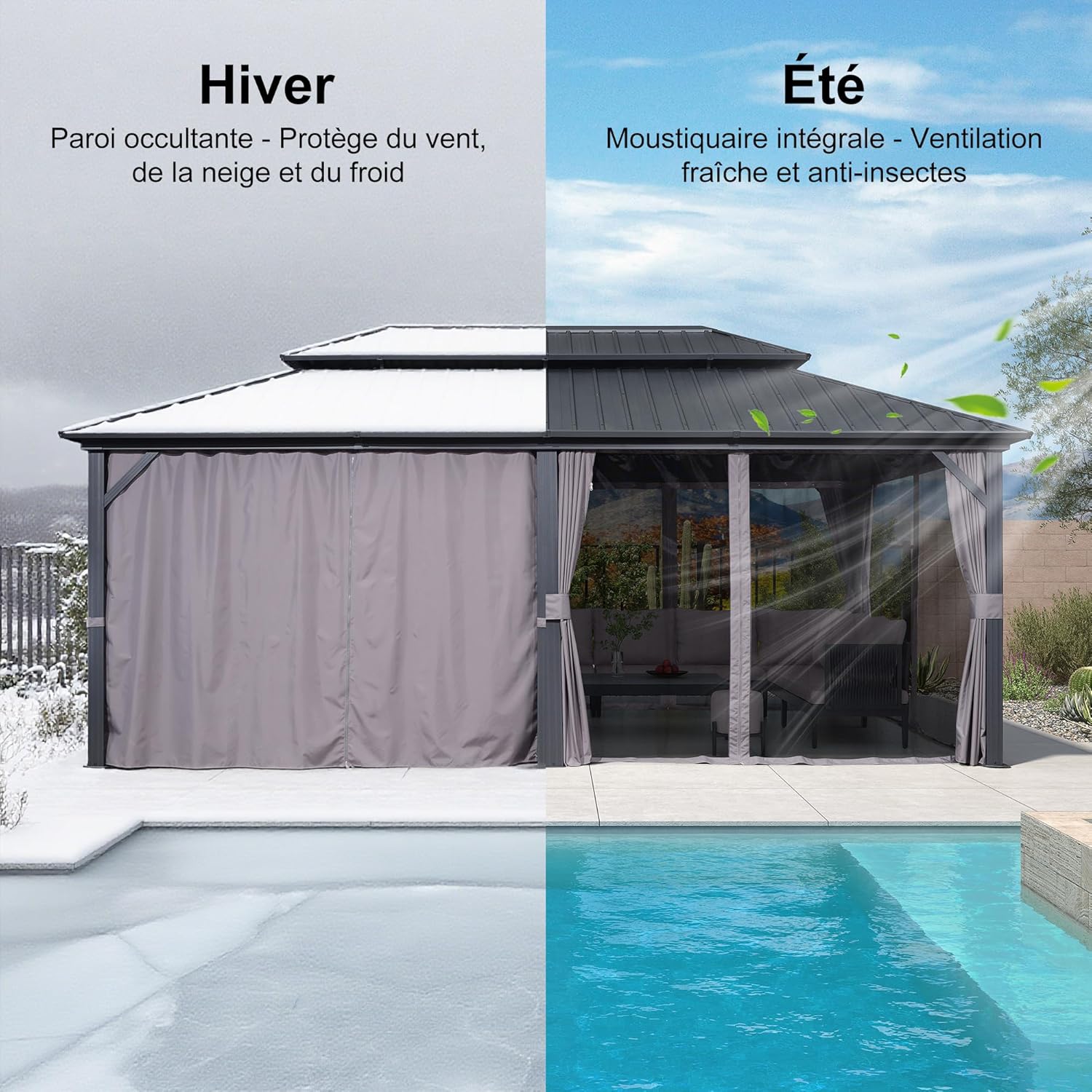 PURPLE LEAF - Tonnelle double toit rigide, 6 x 3,65 m, moustiquaire, aluminium, gris