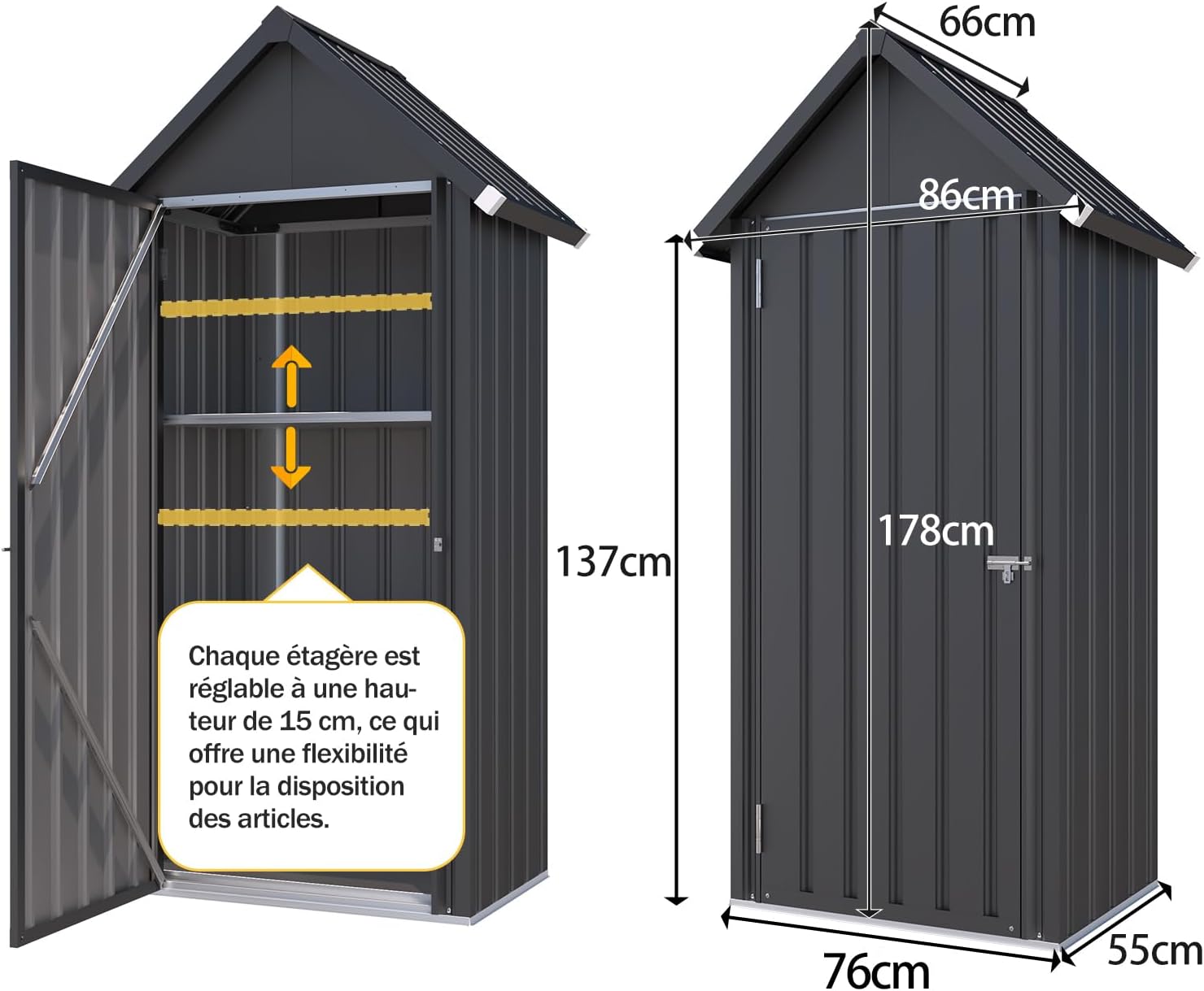 YODOLLA Abri de Jardin Métal, Cabane de Rangement Tout Climat, Résistant aux Intempéries (Pluie, Vent, Soleil)， Porte Fermeture Sécurisée et 3 Étagères Amovibles, 76x55x178cm, Gris foncé