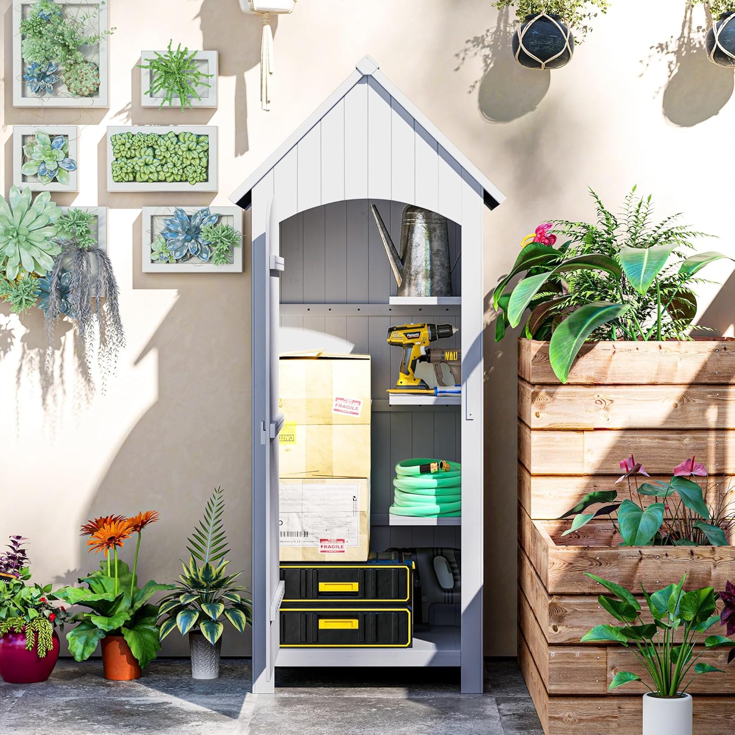 Outsunny Abri de Jardin en Bois cabane de Jardin Exterieur Armoire de Jardin avec Toit bitumé 3 étagères Porte avec loquet Rangement et Stockage extérieurs pour terrasse 77,5 x 54,2 x 179,5 cm Blanc