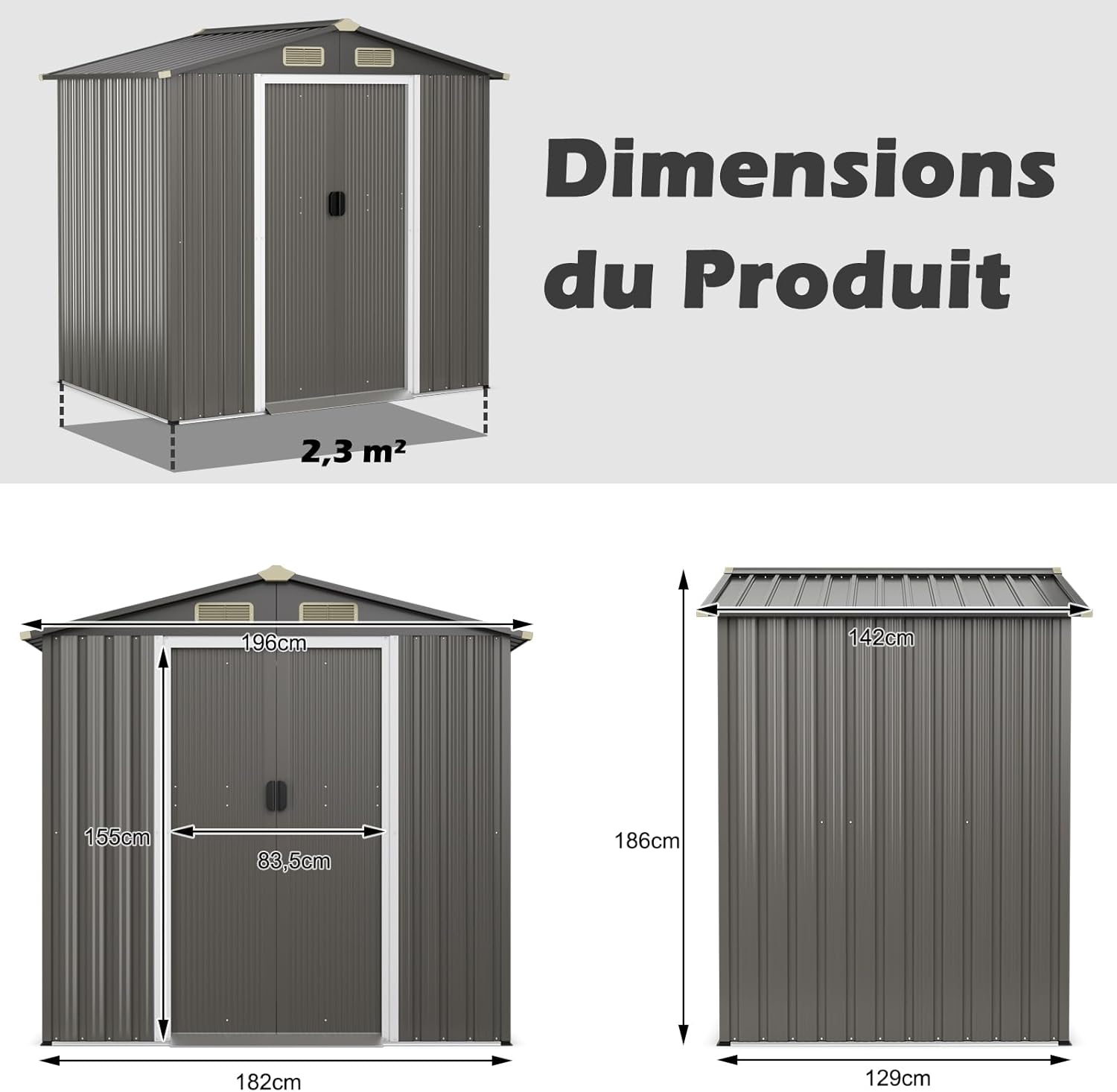 RELAX4LIFE - abri de jardin métal - 182x129x186cm - double porte, toit appenti, volets - 3,6M3-2,2M2