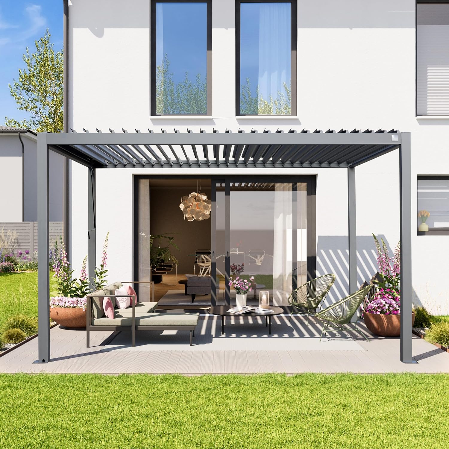 PRIMEYARD Pergola 3x4 m poteaux en Aluminium avec Lames orientables en Acier pavillon Gris