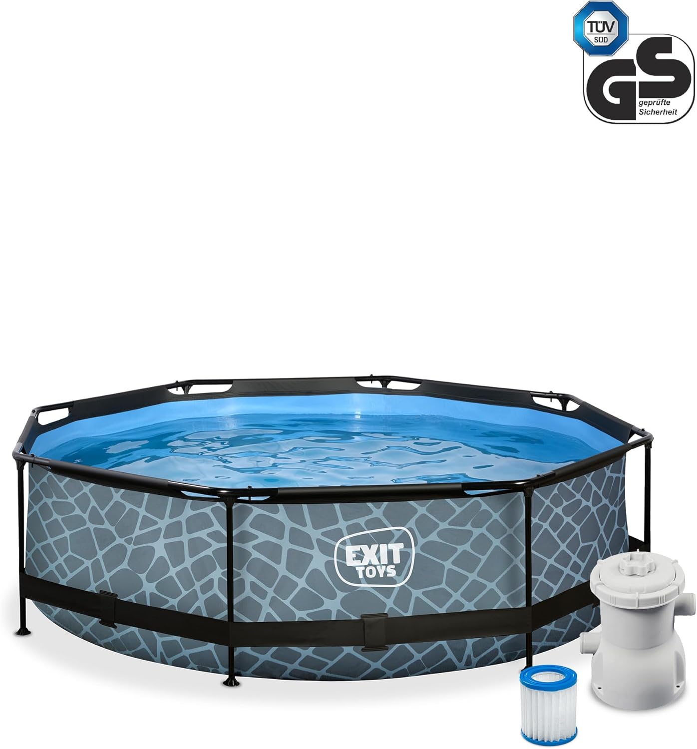 EXIT TOYS Piscine Tubulaire Stone - ø300x76cm - Piscine Hors Sol Ronde avec Pompe Filtrante à Cartouche - Entrée Basse - Idéal pour Les Jeunes Enfants - Cadre Stable - Design Unique - Gris