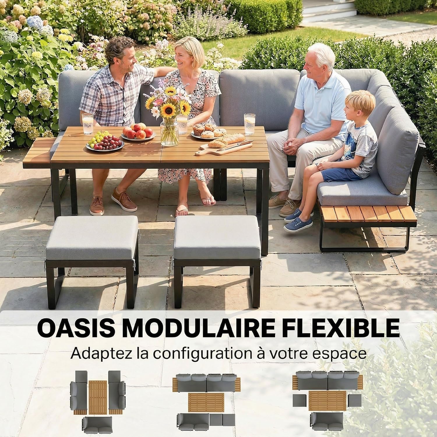 Salon de Jardin Outsunny - 6-8 pers - Ensemble aluminium, table haute, canapé d'angle, table bois composite, gris - OJ-6