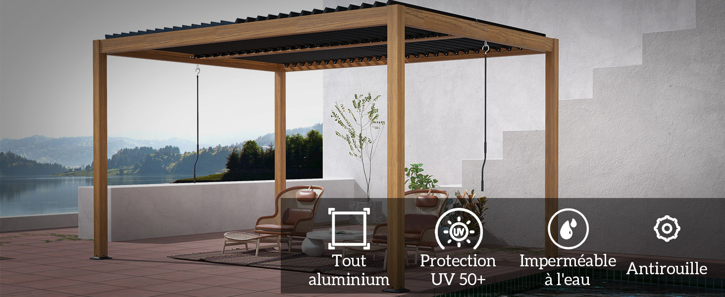 avec cadre en aluminium et panneaux de toit rétractables. Dispose d'une protection UV, d'une résistance à l'eau et de propriétés antirouille. Surplombant un paysage pittoresque.