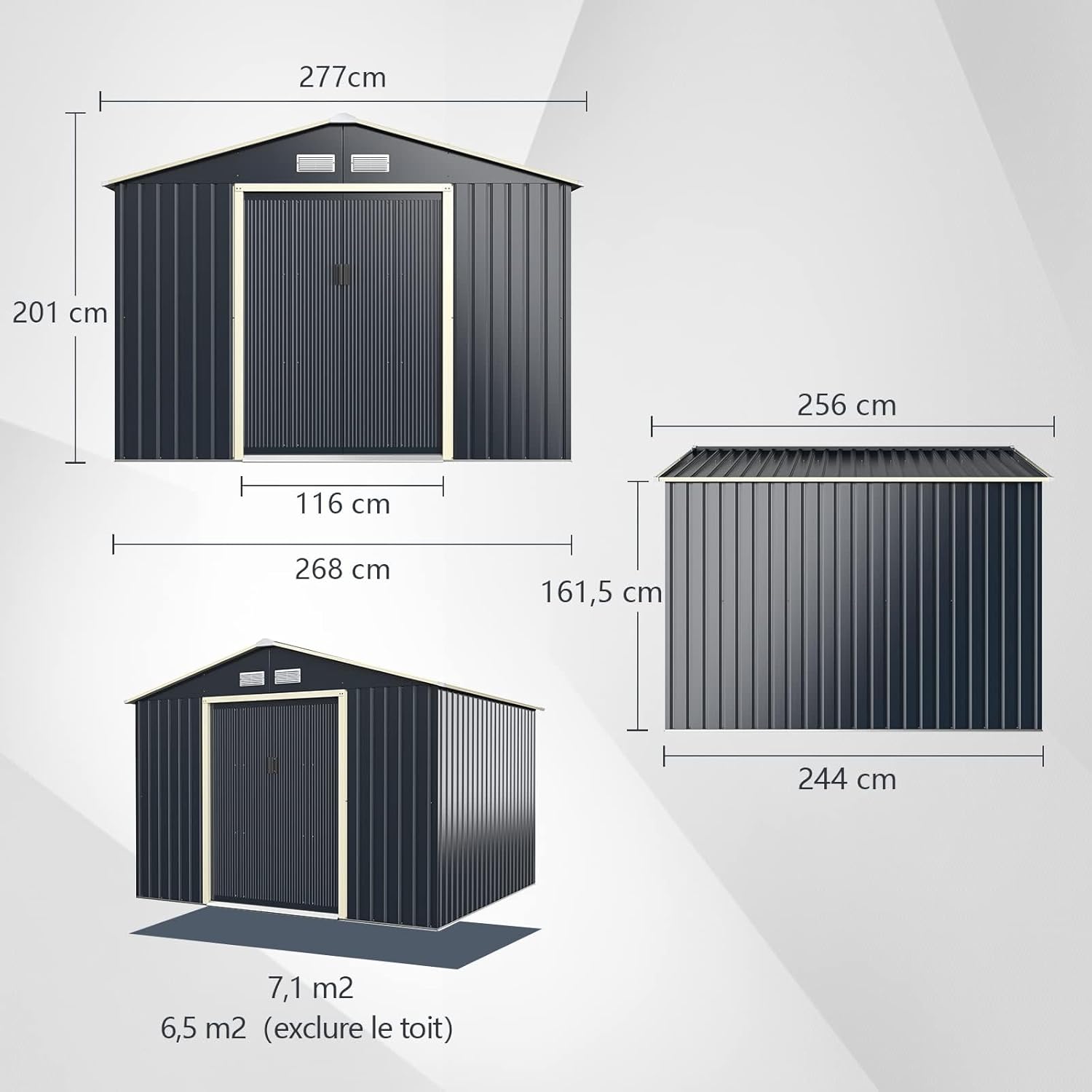 RELAX4LIFE Abri de Jardin Métal 7m2 avec Abri d'Extension Porte Coulissante, Cabane de Jardin Extérieur 267x256x202cm Outils de Jardin résistant aux intempéries, KX7177KV+FR