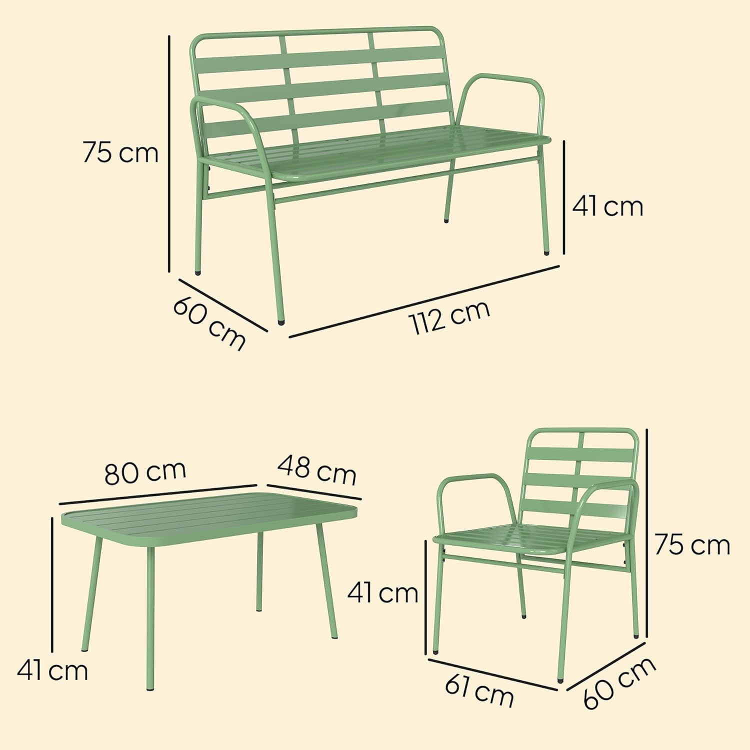 Outsunny - Salon de jardin 4 pièces - acier vert - canapé et fauteuils