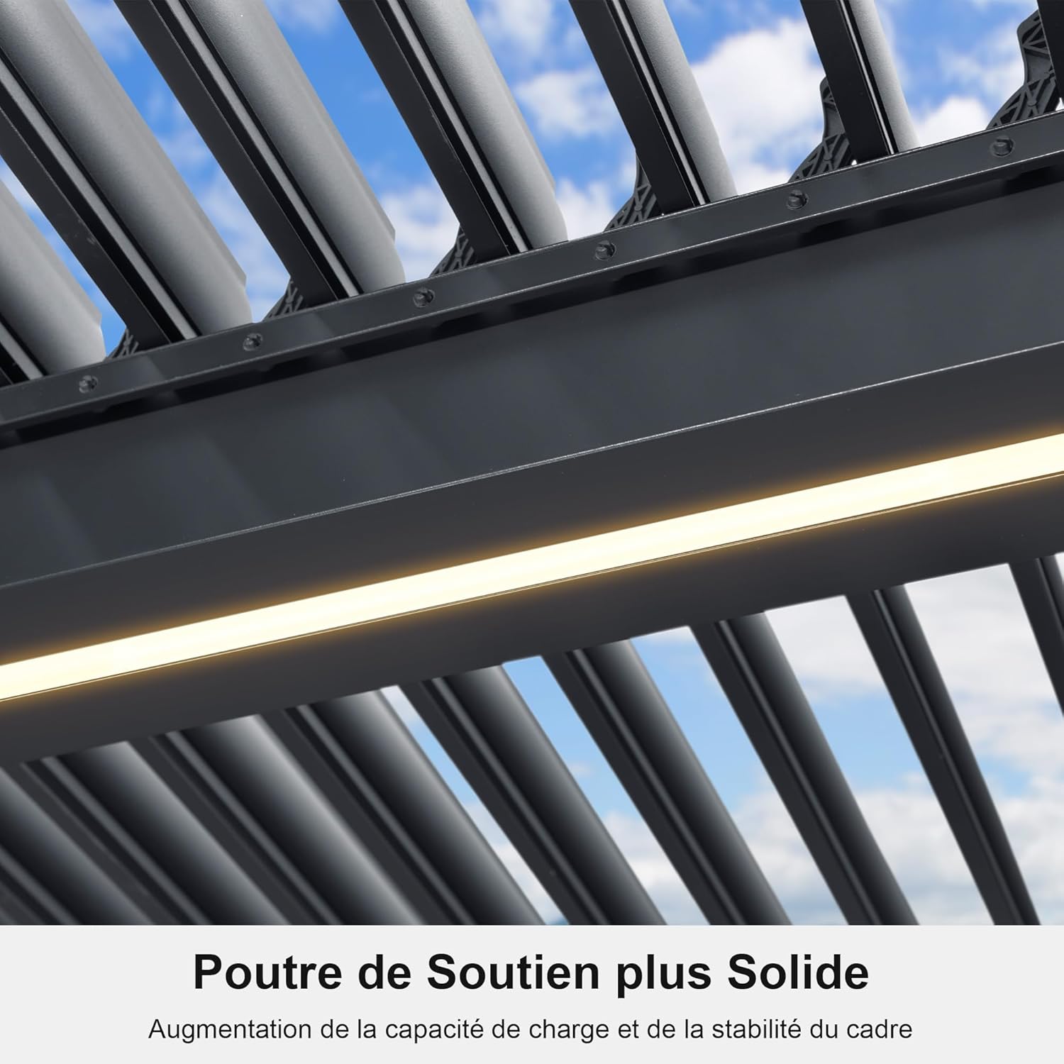 PURPLE LEAF - Pergola bioclimatique - 6 x 3,68 m - alu, LED, gouttières, gris
