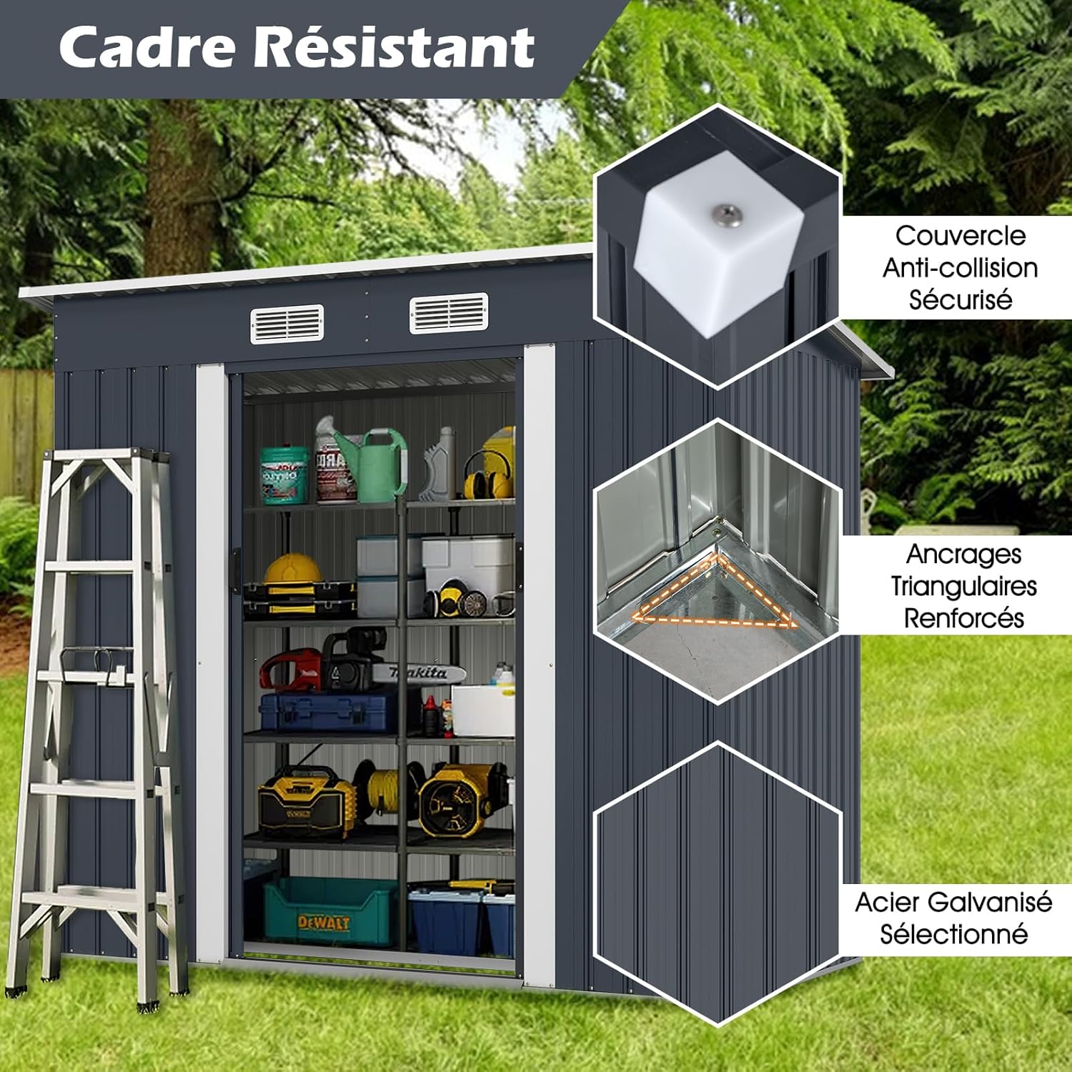 COSTWAY - Abri de Jardin métal - 2 m² - Porte coulissante, toit incliné, 4 aérations, fondation