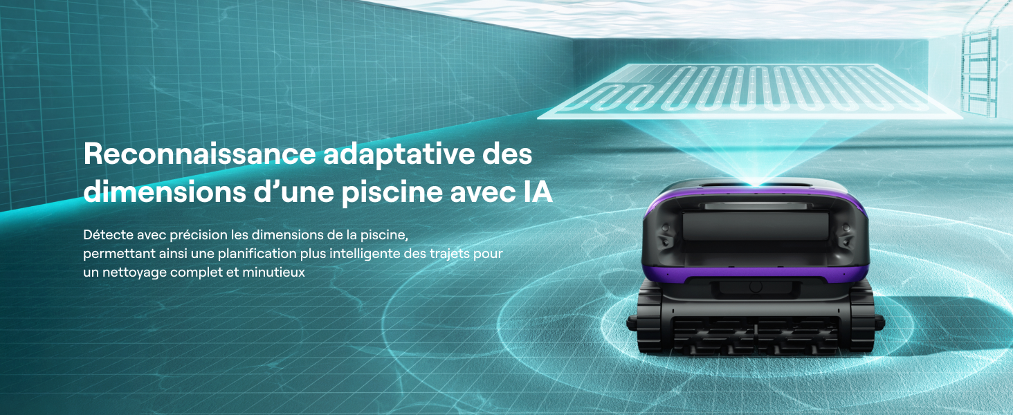 Le texte se lit comme suit : « Reconnaissance adaptative des dimensions d'une piscine avec IA ». Fond d'eau turquoise foncé avec appareil de jeu portable avec écran d'affichage. Texte en français sur la reconnaissance adaptative des dimensions des piscines à l'aide de la technologie AI.