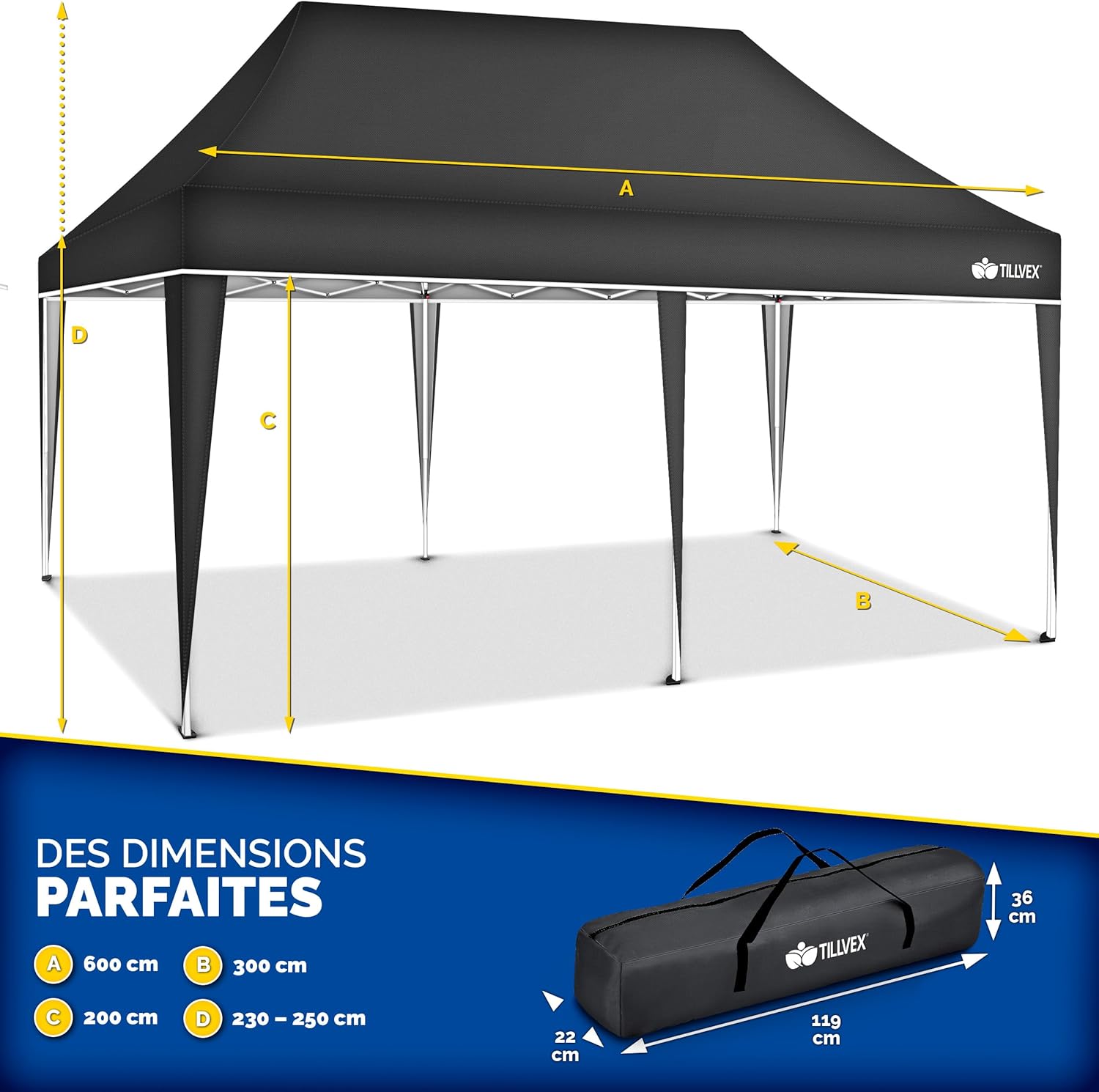 Tillvex - Tonnelle Pop-up 3x6m - étanche, UV50+, réglable, sac inclus