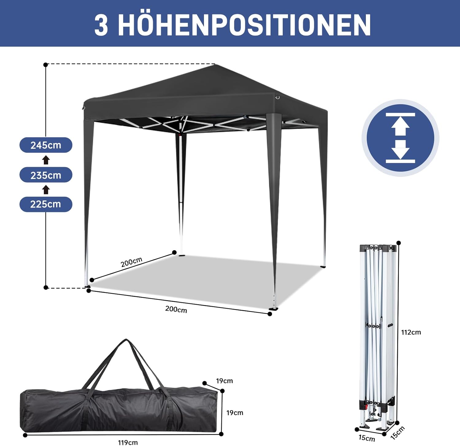LEADZM - tonnelle série pop-up - 2x2 m - pliable, UV 50+, acier, 4 côtés