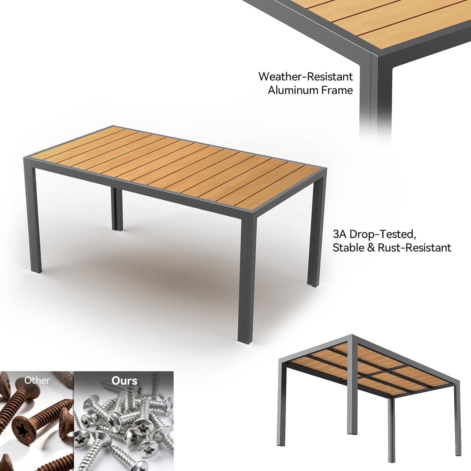 JUMMICO - Table de jardin teck 150x80cm aluminium antirouille, extérieur