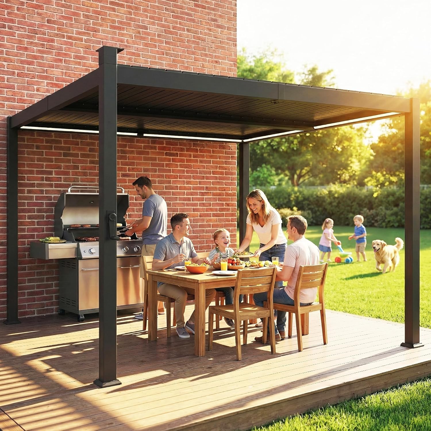 Outsunny - Pergola bioclimatique 3x3m - LED solaires, lames orientables, toit métal, gouttières