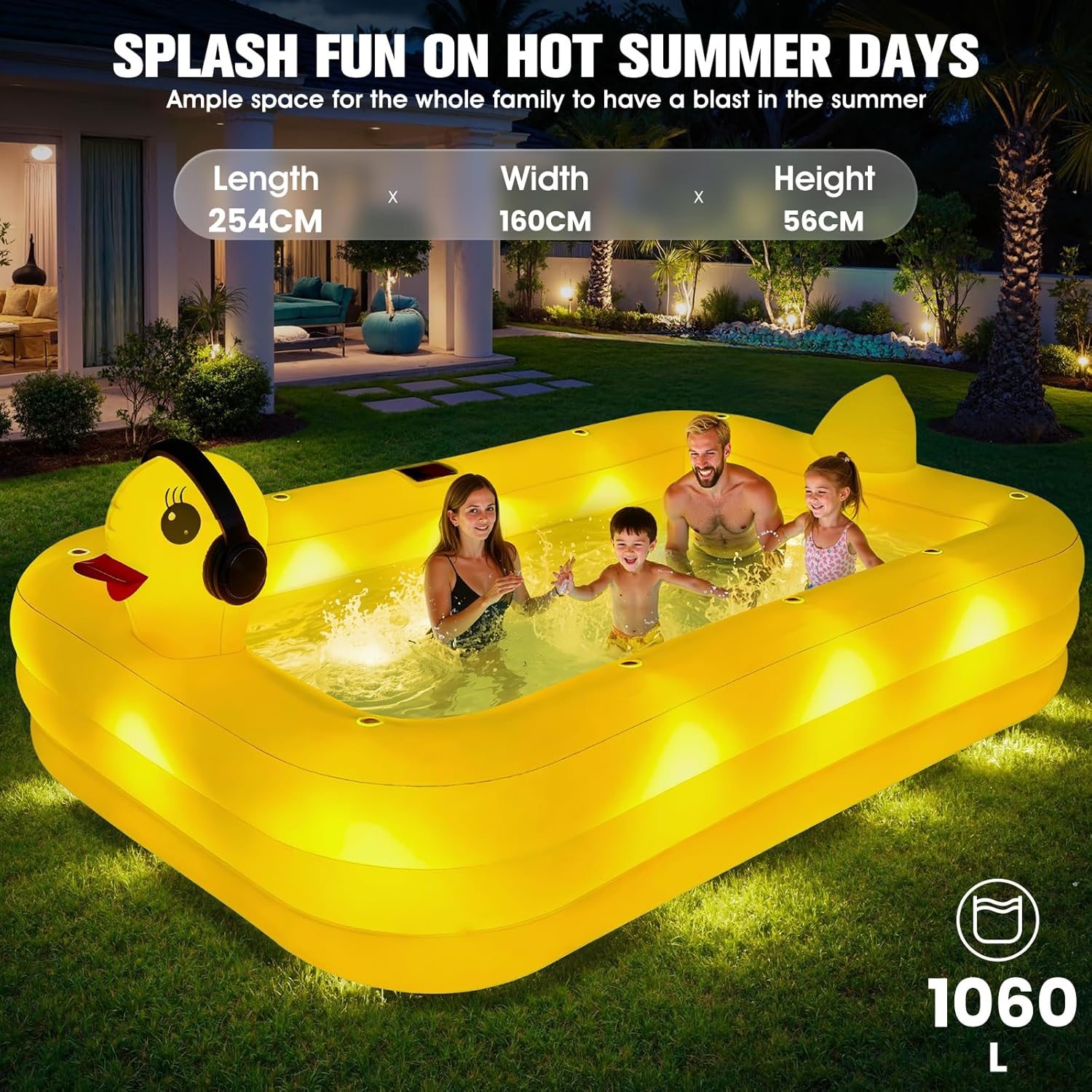 KingSom Piscine Gonflable avec Lumières, Caneton Piscine Rectangulaire Gonflable Solaire, Pataugeoire Grande pour Enfants et Adultes,254 x 160 x 56 cm Piscine Familiale Hors Sol pour Jardin,Extérieur