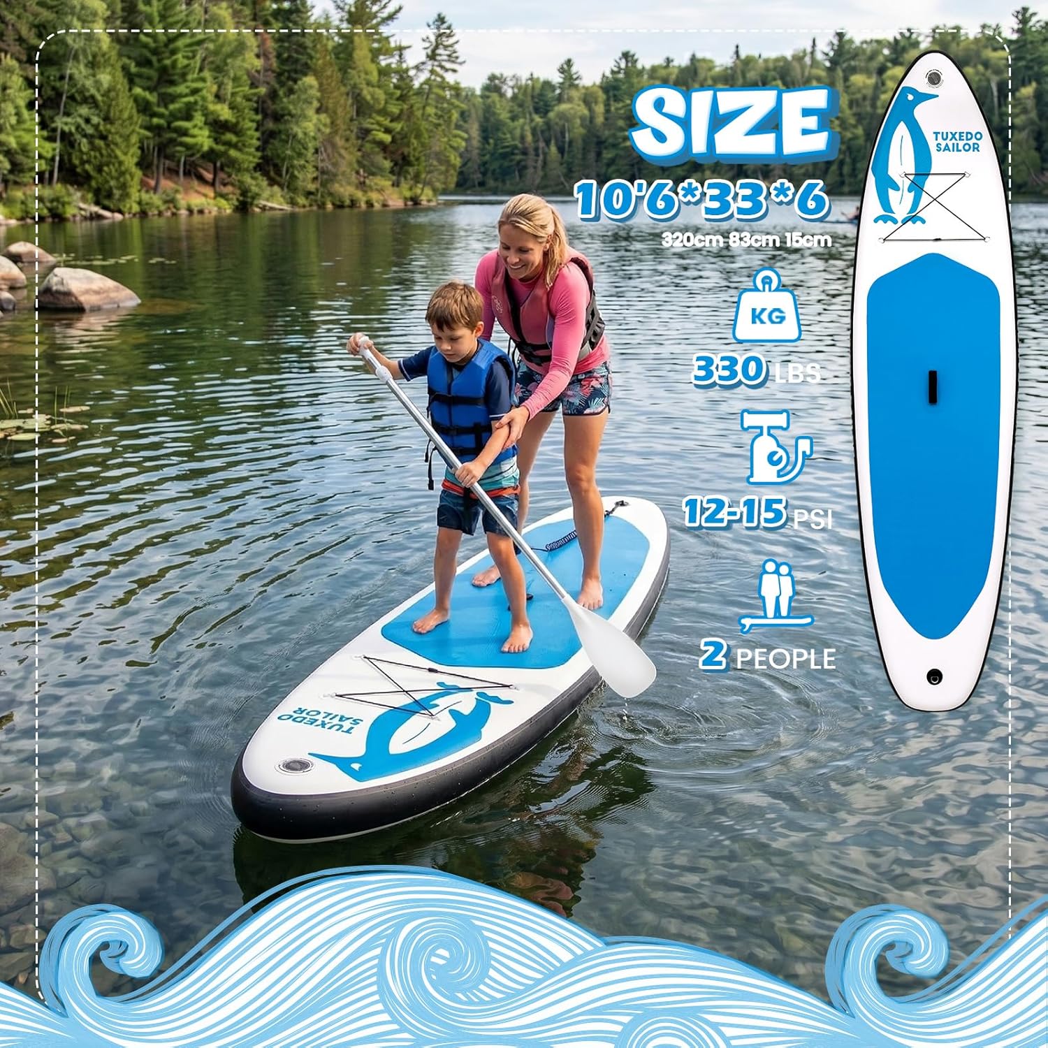 Tuxedo Sailor Paddle Gonflable Adulte, Planche de Stand Up Paddle Gonflable Sup Paddle Board Gonflable Planche à Pagaie Gonflable avec Accessoires Complets