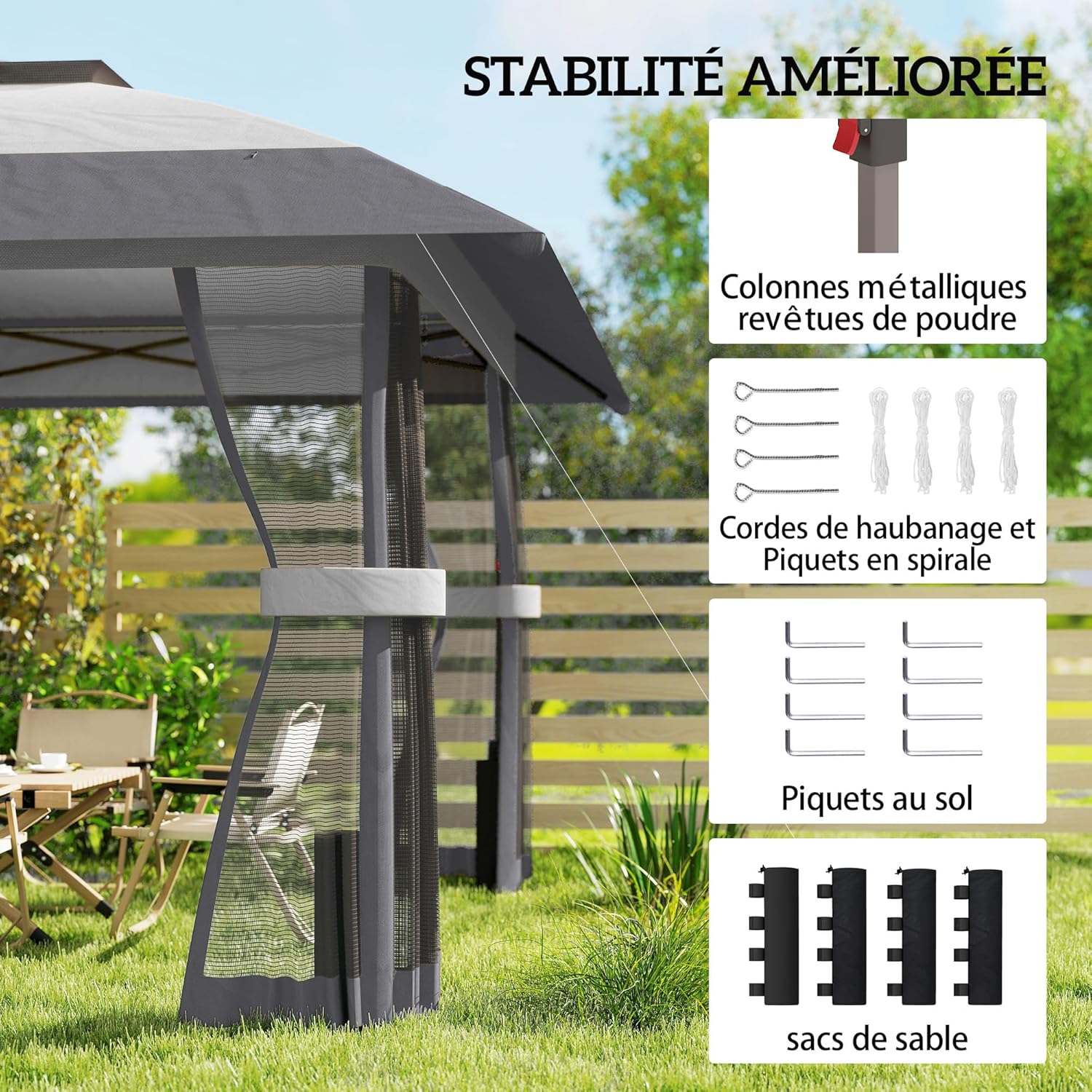 Outsunny Tonnelle de Jardin 4 x 4 m Pop up Tente Pliante réglable en Hauteur Protection UV30+ tonnelle Pliante avec Double Toit 4 parois en Maille 4 Sacs de Sable Sac de Transport Montage Facile Gris