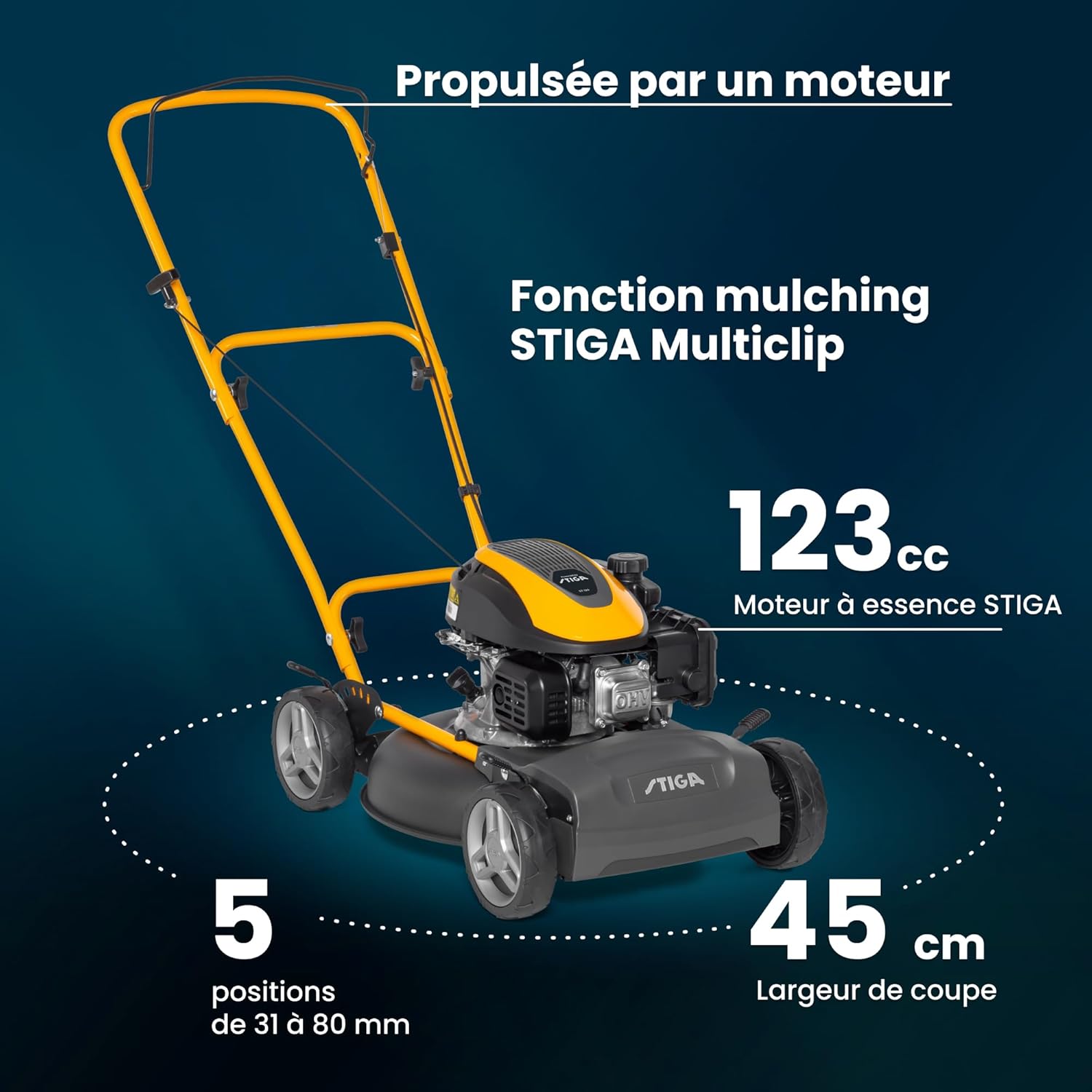 STIGA - Multiclip 47 - 45 cm - moteur 123 cc, 5 hauteurs coupe, guidon ergonomique