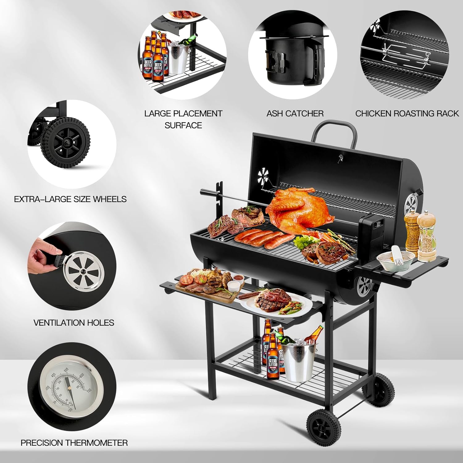 TEENO - Grill XXL - dimensions généreuses - couvercle, thermomètre, tiroir à cendres, gants, évent réglable, grill poule