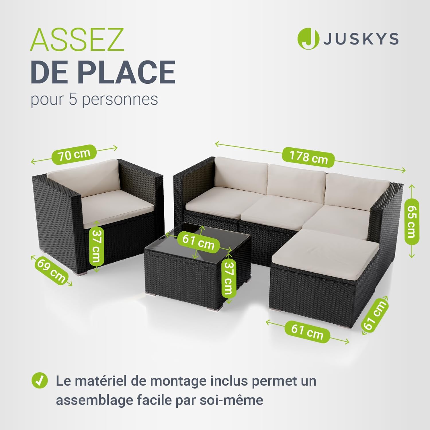 Juskys - Punta Cana L - ensemble jardin polyrotin 4-5 pers, canapé, table, coussins, résistant intempéries