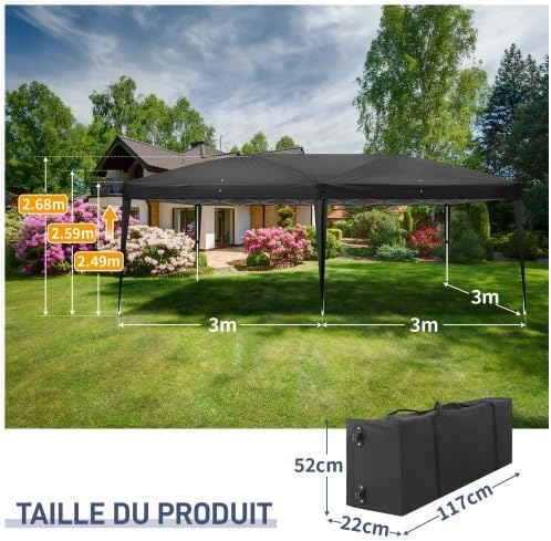 Bonnlo - Tonnelle pliante série jardin - 3x6m - imperméable, installation rapide, sac inclus.