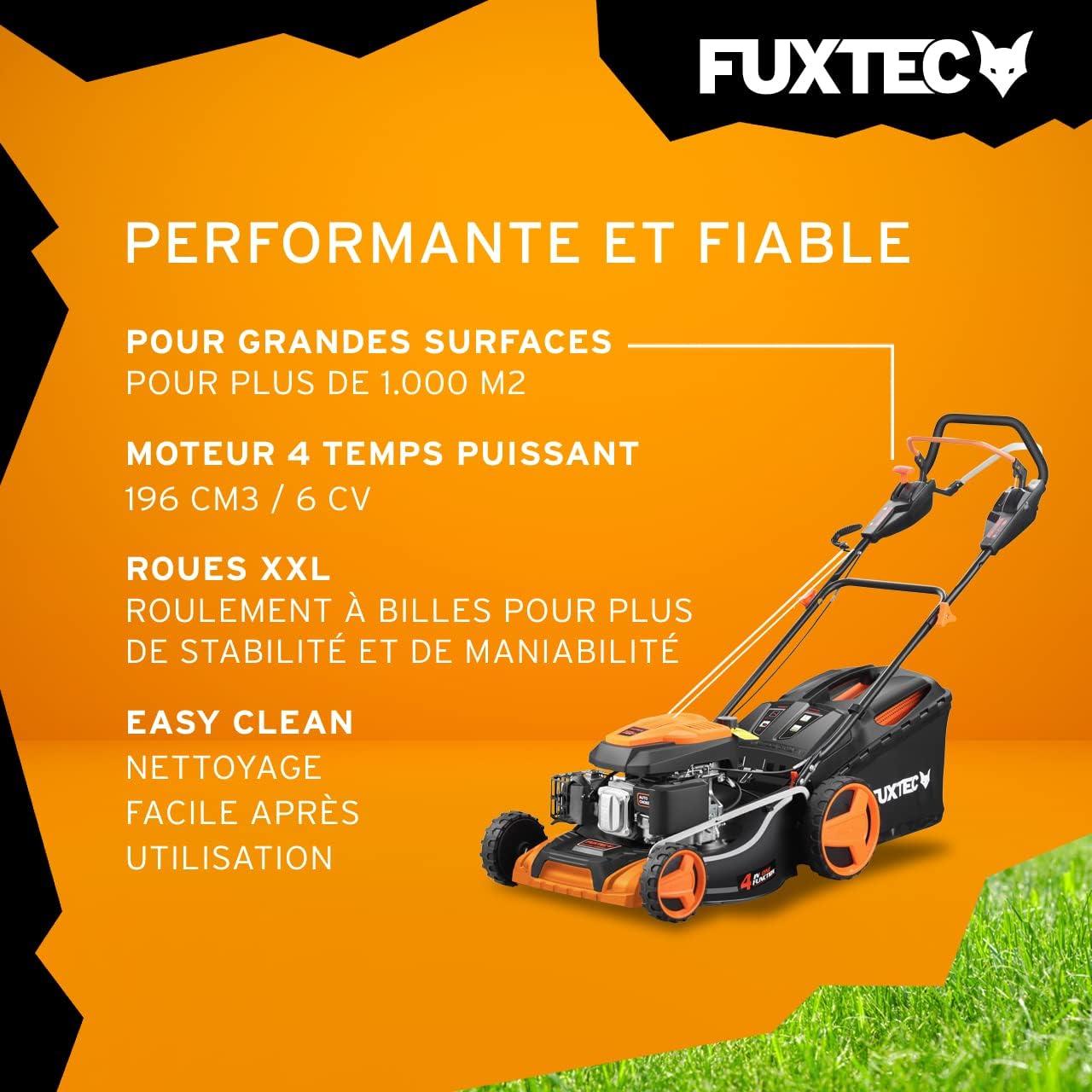 FUXTEC Tondeuse Thermique autotractée à Vitesse réglable FX-RM5196PRO, Largeur de Coupe 51 cm et Moteur autopropulsé 196cm3 GT Variable, Bac de ramassage 60L