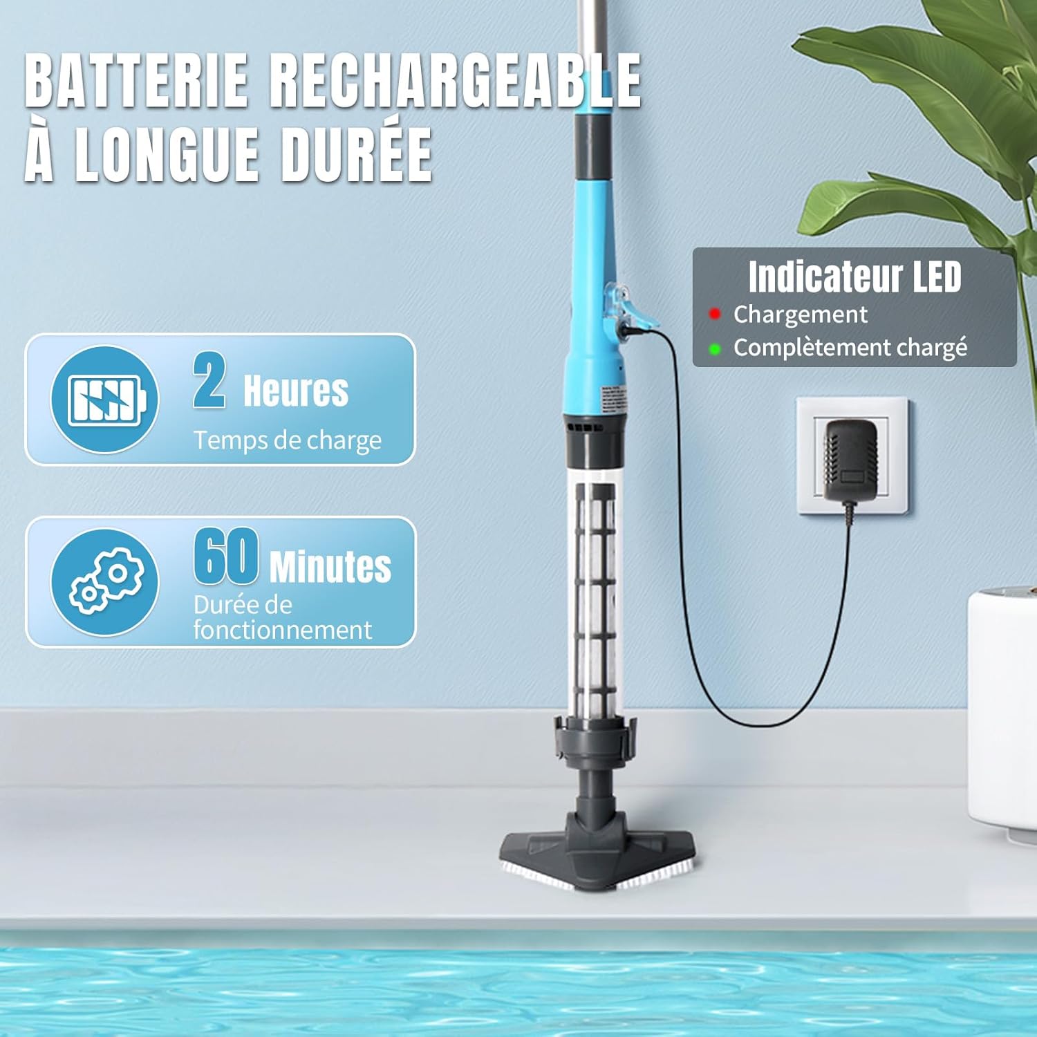 LEADZM - Aspirateur piscine sans fil, 4000mAh, 60min, 220x17,2x9,6cm