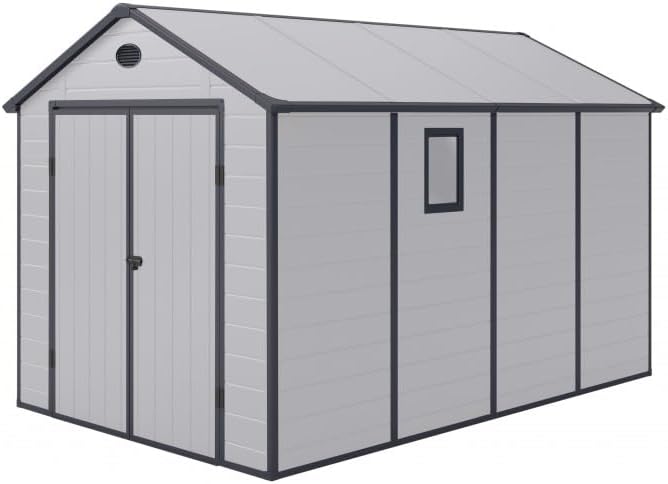 Jôbu - abri de jardin résine gris 8,9m², double pente, kit fondation