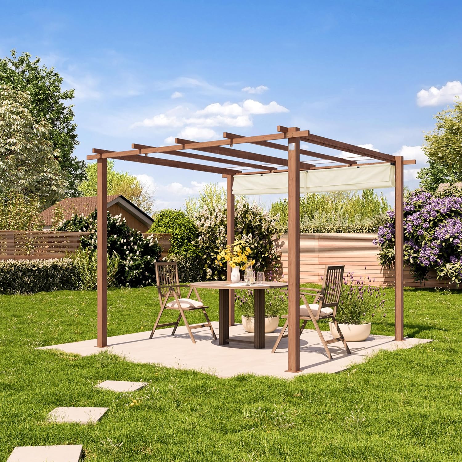 PRIMEYARD - pergola toit rétractable - 3x3 m - acier aspect bois