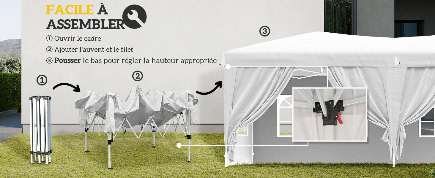 Instructions de montage pour un auvent extérieur ou un belvédère. Montre les étapes à suivre pour configurer le cadre, fixer le tissu et fixer la structure à l'aide d'illustrations.
