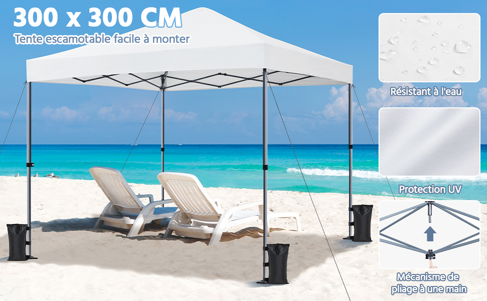 Grande tente à baldaquin blanc de 300 x 300 cm sur une plage, avec des chaises longues en dessous. Les caractéristiques du produit incluent un tissu imperméable et une hauteur réglable.