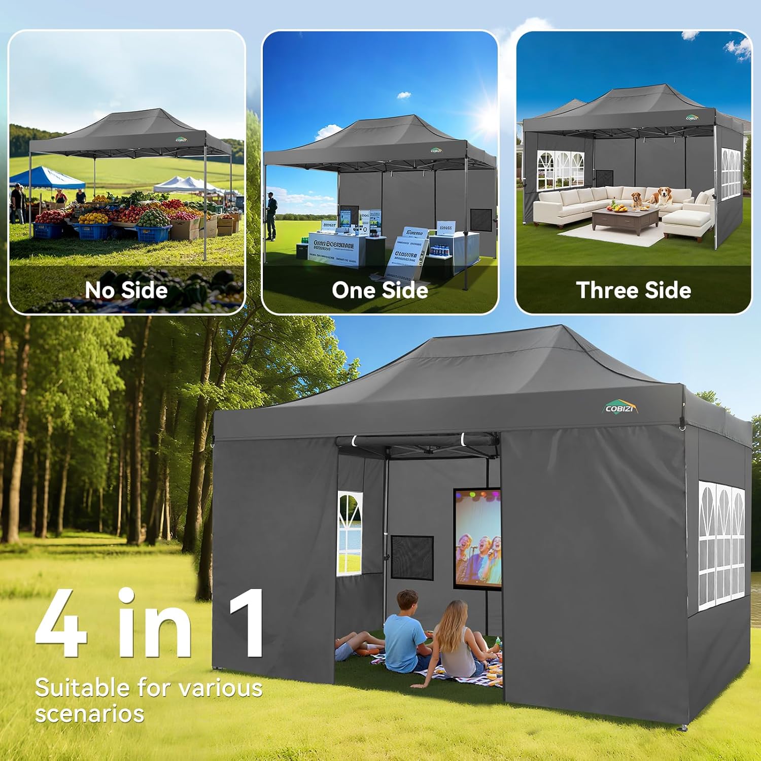 COBIZI - Tonnelle pliante série - 3x4,5m - étanche, UV50+, 4 panneaux