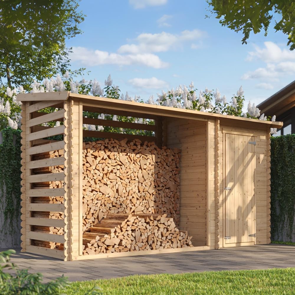 TIMBELA M205 Abri de Jardin+ Chalet pour vélos/Bucher/Abri conteneur - Cabane de Jardin avec Toit Plat - 344 x 130 cm - 2,54 m2+1,1 m2
