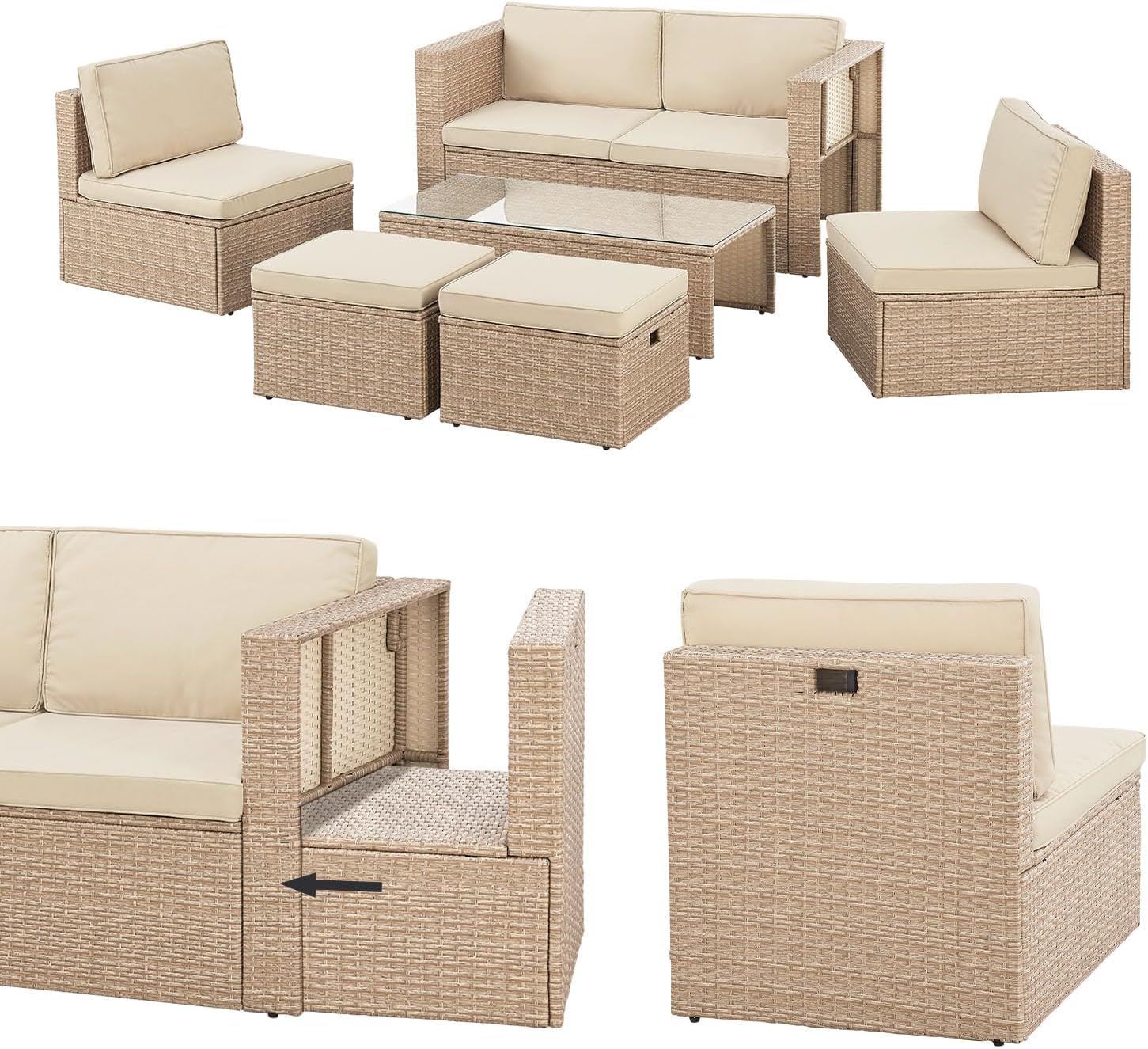 Juskys - Salon de Jardin Salou - 6 places - polyrotin, table, coussins, crème/sable