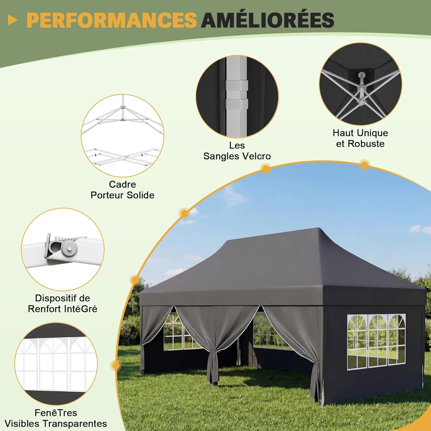Devoko - Tonnelle pliante 3x6m - Toile Oxford, parois latérales, hauteur réglable