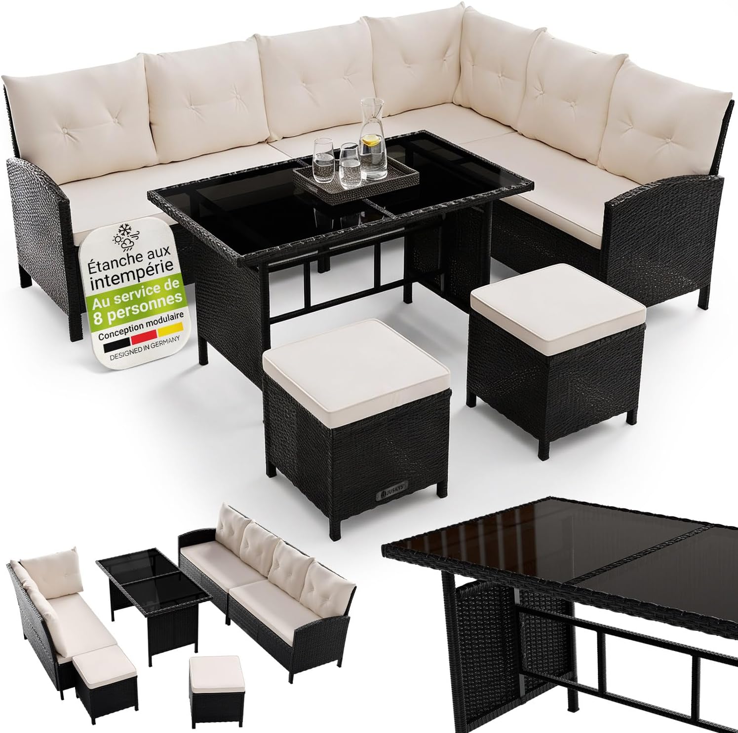 Juskys - Salon Manacor - 7 places, polyrotin noir, coussins crème