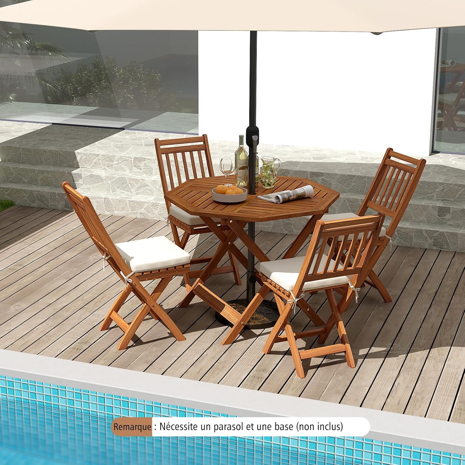 GOPLUS - Table de jardin octogonale - 90x72cm - bois, plateau lattes, trou de parapluie, charge 30kg