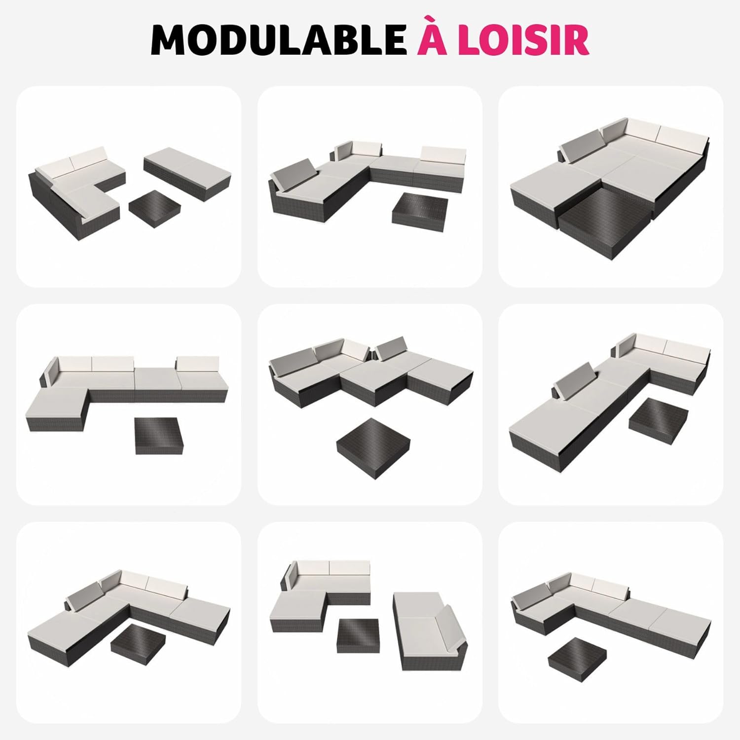 tectake - Salon de jardin XXL modulable - 5 places - poly rotin, table, poufs