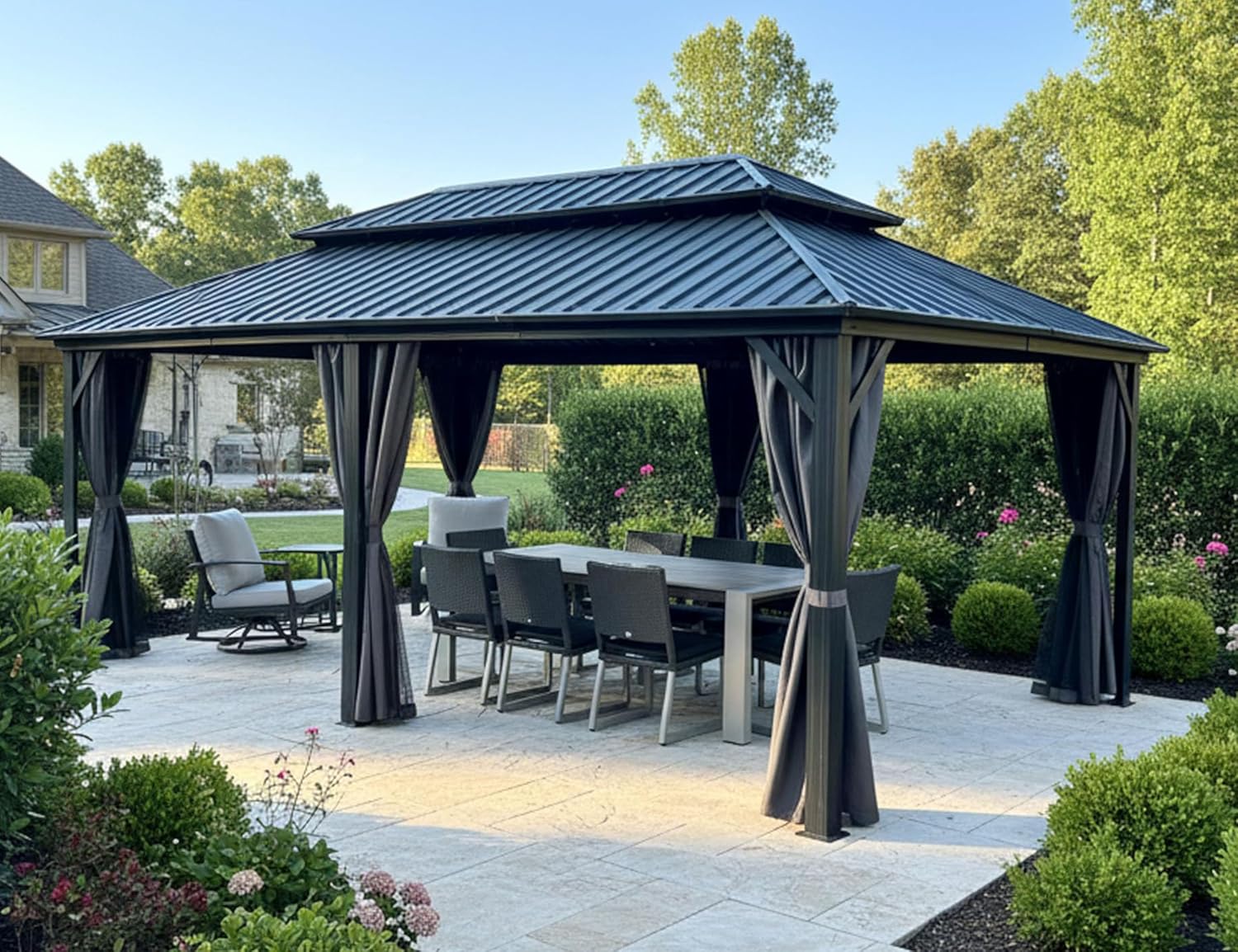 PURPLE LEAF - Tonnelle double toit rigide, 6 x 3,65 m, moustiquaire, aluminium, gris