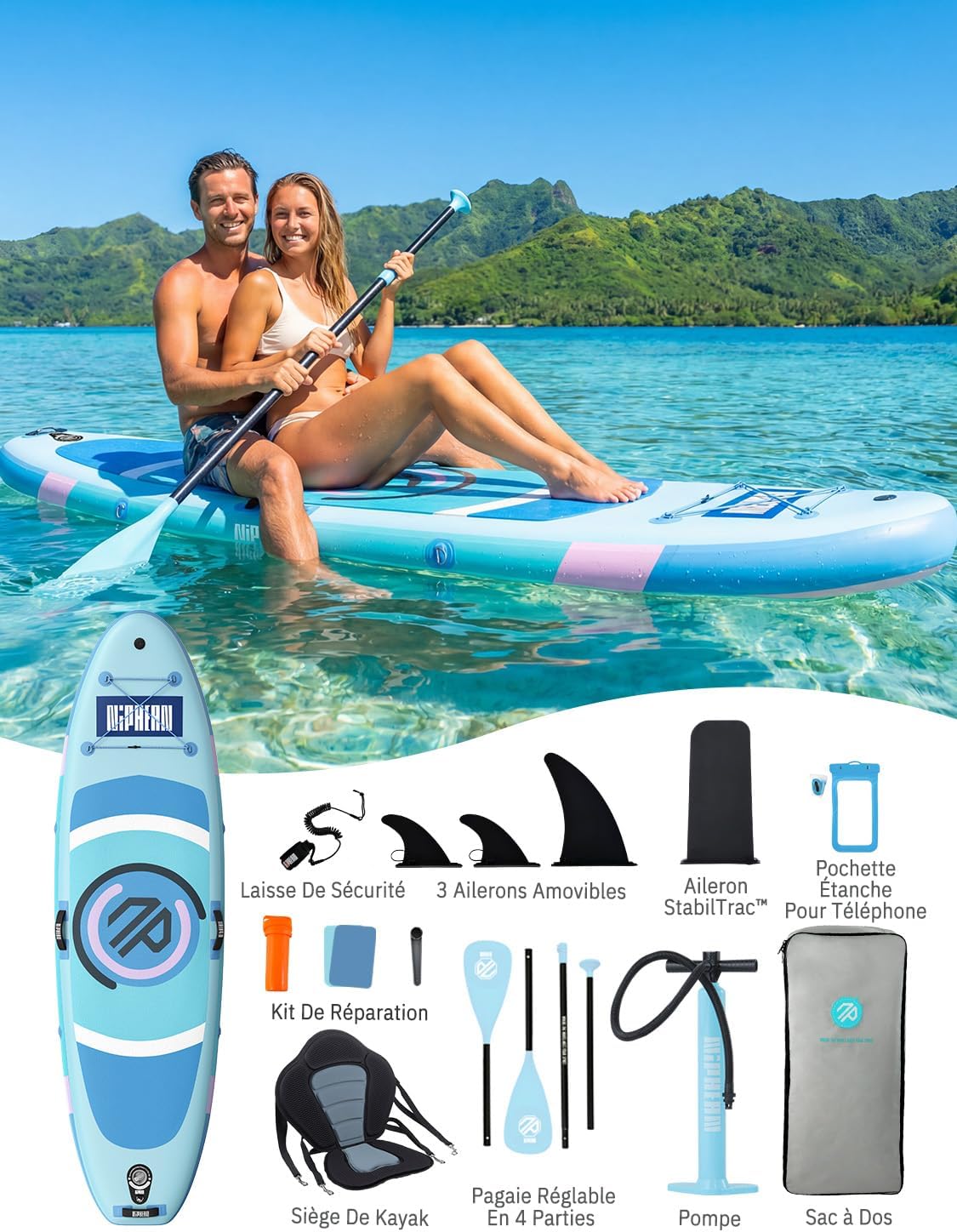 Niphean - Paddle gonflable adulte ultraléger 320 cm - siège, aileron StabilTrac, antidérapant