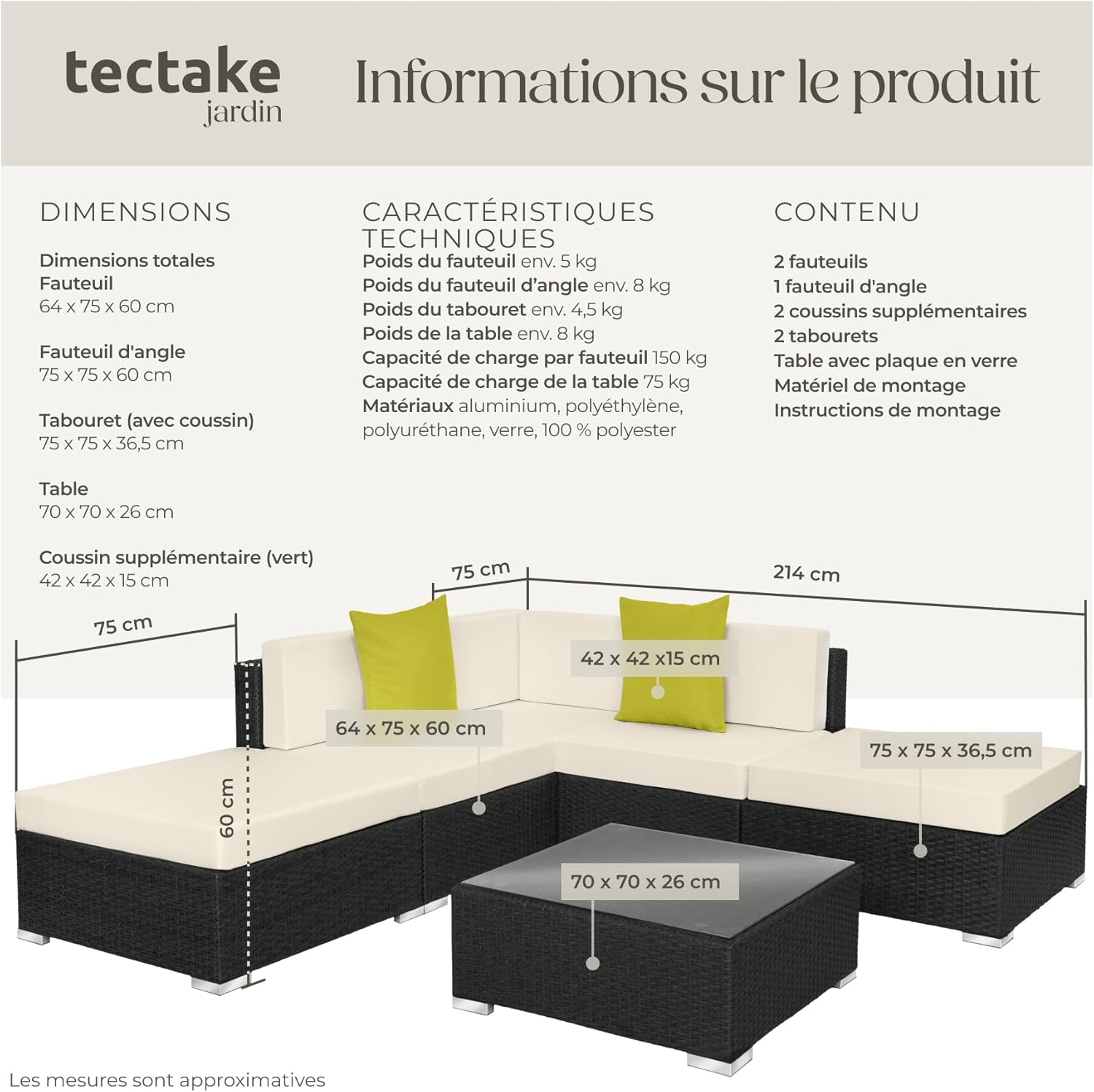 tectake - Salon de jardin XXL modulable - 5 places - poly rotin, table, poufs