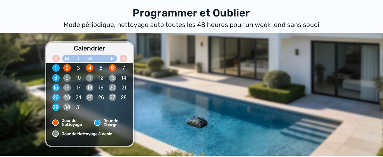 Le texte indique « Programmer at Outdoor » avec un texte descriptif supplémentaire ci-dessous. Composite montrant une minuterie/un dispositif de commande numérique et un cadre extérieur au bord de la piscine avec maison.