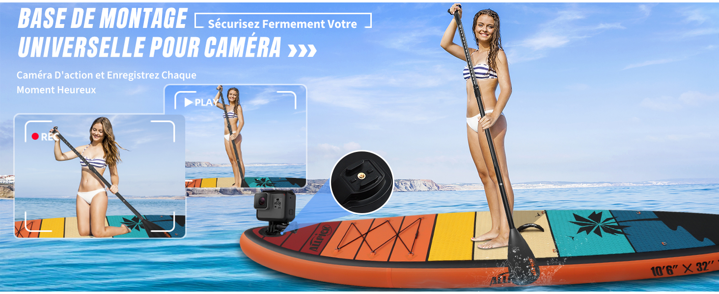 pour une utilisation sur les paddleboards ou les bateaux. Présenté avec plusieurs options de montage et une personne démontrant son utilisation sur l'eau.