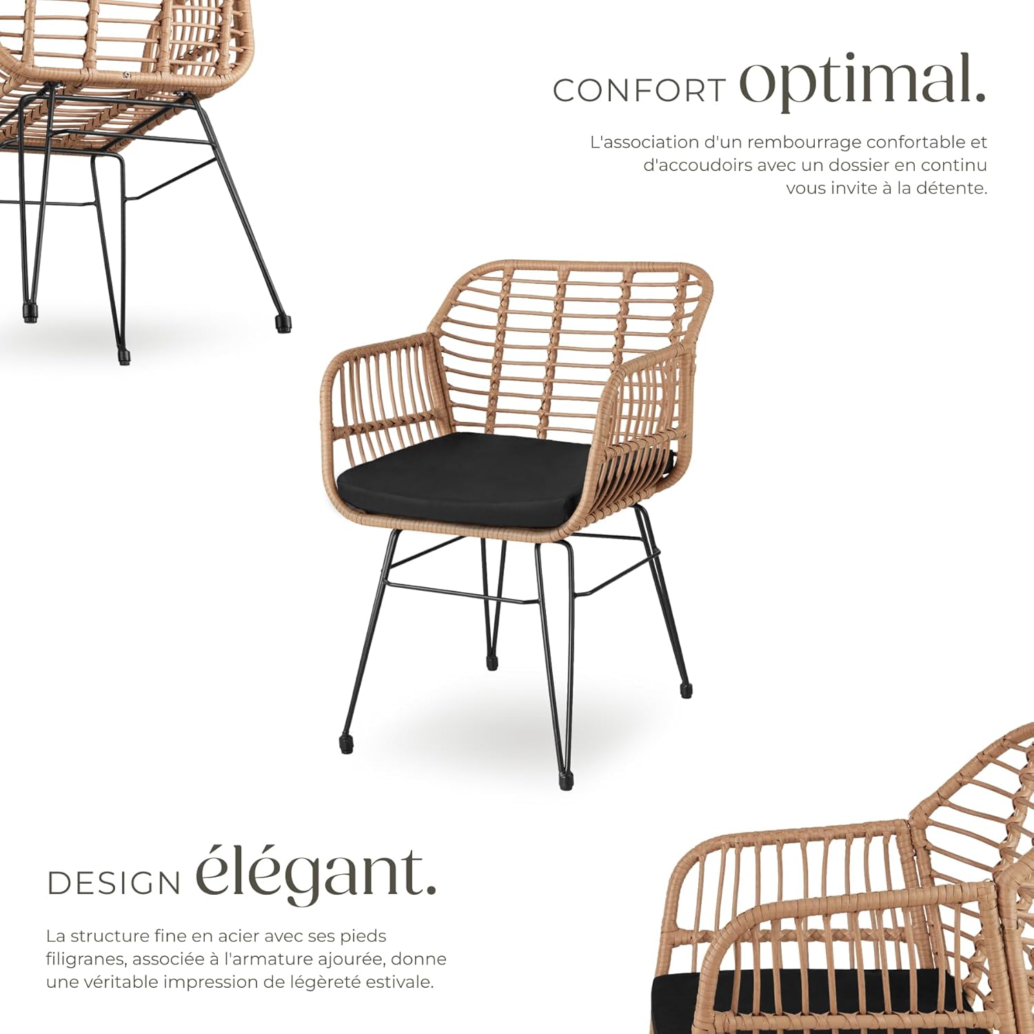 tectake - salon de jardin 3 pcs - fauteuils + table verre, coussins amovibles, extérieur balcons