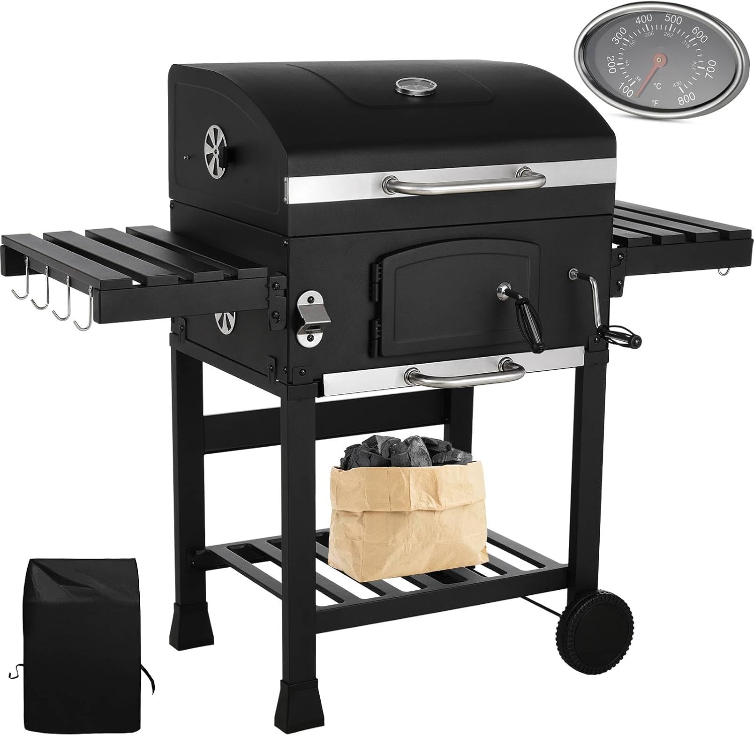 LIFERUN - Barbecue charbon XXL - grand chariot, fumoir et thermomètre