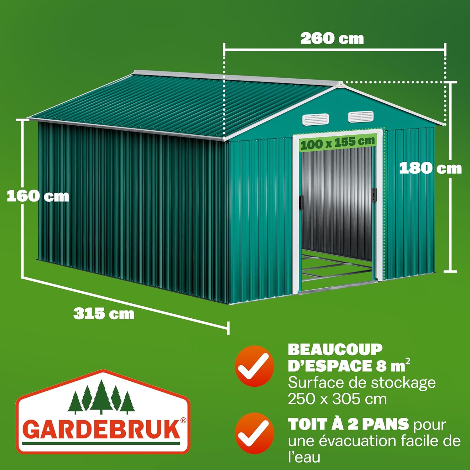 GARDEBRUK - Abri de jardin métal XXXL, 8m², porte coulissante, 315x260x180cm